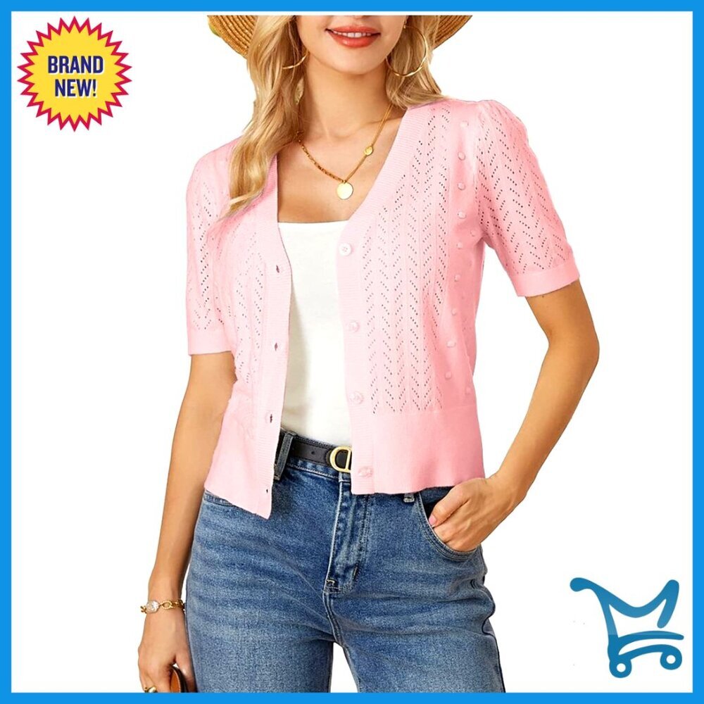 Cropped Cardigan Sweater Short Sleeve V-Neck Button Up Knit Top